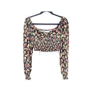 Urban Outfitters Black Floral Fray Hem Sweetheart Neck Crop Top Size Medium